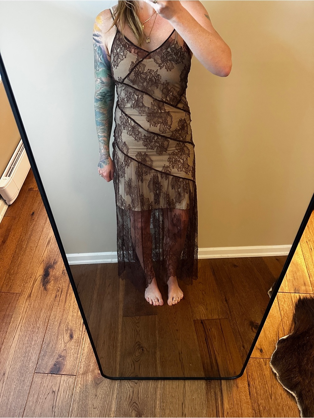 Zara Floral asymmetric all lace Camisole Dress in Dark Brown - Picture 5 of 7